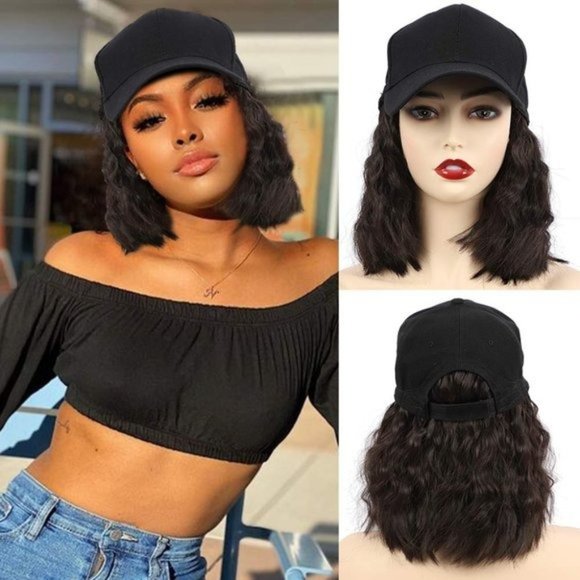 Baseball Cap Hat Wig Short Wavy Bob - Picture 1 of 2